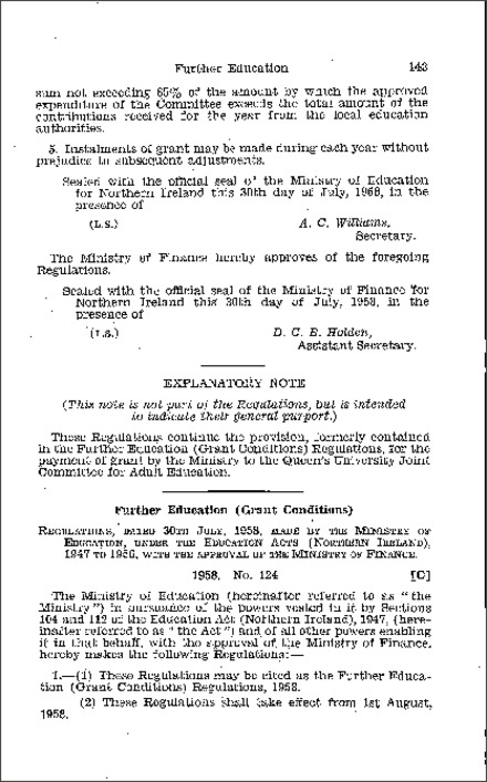 The Further Education (Grant Conditions) Regulations (Northern Ireland) 1958