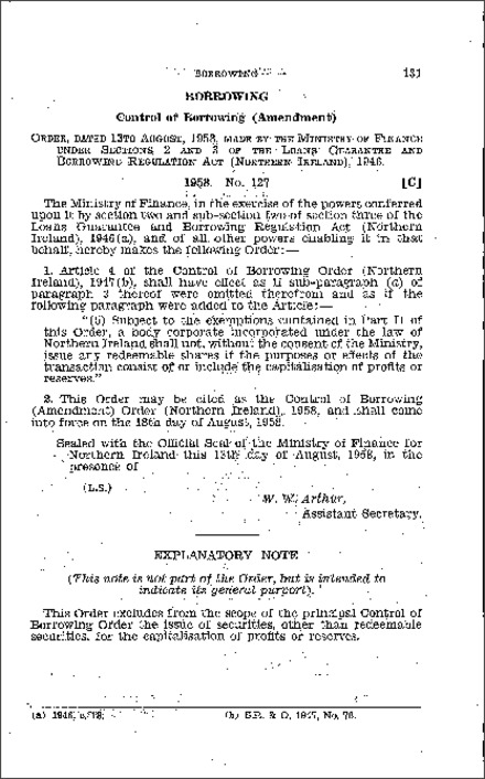 The Control of BorRecording (Amendment) Order (Northern Ireland) 1958