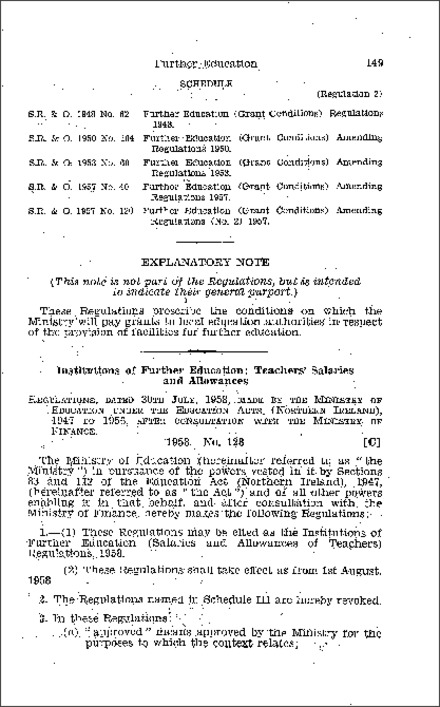 The Institutions of Further Education (Salaries and Allowances of Teachers) Regulations (Northern Ireland) 1958