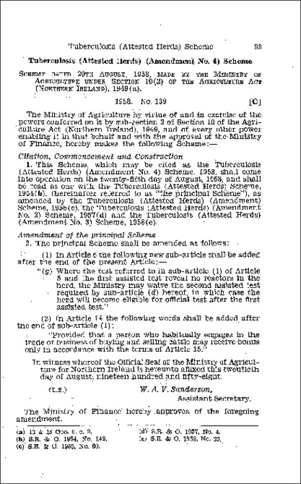 The Tuberculosis (Attested Herds) (Amendment No. 4) Scheme (Northern Ireland) 1958