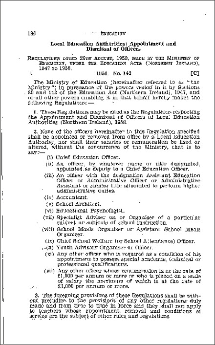 The Regs.respecting the Appointment and Dismissal of Officers of Local Education Authorities (Northern Ireland) 1958