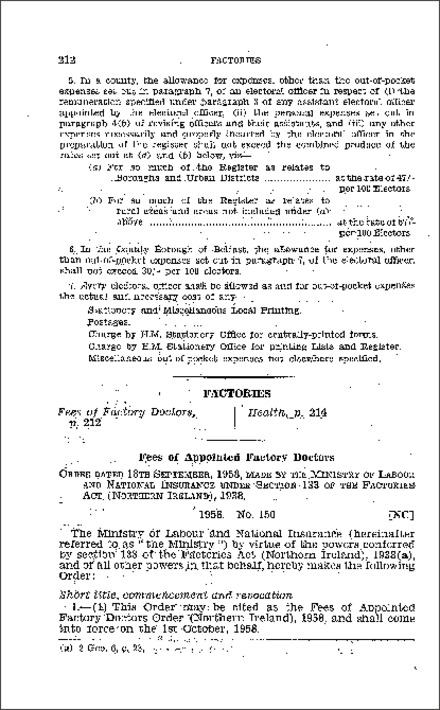 The Fees of Appointed Factory Doctors Order (Northern Ireland) 1958