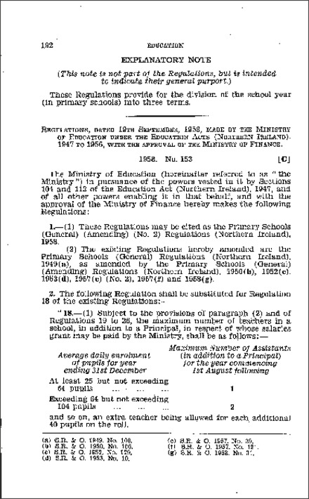 The Primary Schools (General) Amendment) (No. 2) Regulations (Northern Ireland) 1958