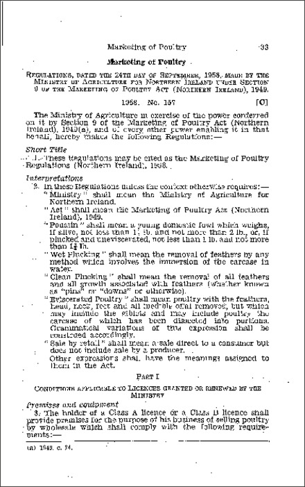 The Marketing of Poultry Regulations (Northern Ireland) 1958