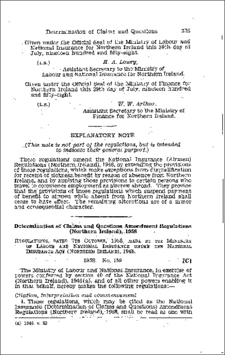 The National Insurance (Determination of Claims and Questions) Amendment Regulations (Northern Ireland) 1958