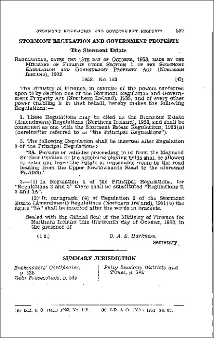 The Stormont Estate (Amendment) Regulations (Northern Ireland) 1958