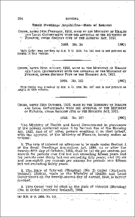 The Rate of Interest (Housing) (No. 3) Order (Northern Ireland) 1958