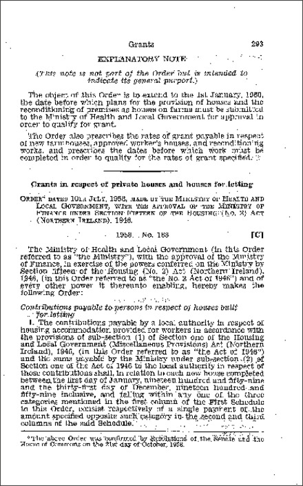 The Housing (Grants) Order (Northern Ireland) 1958