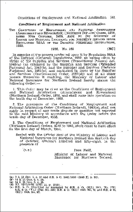 The Conditions of Employment and National Arbitration (Amendment) and Revocation) Order (Northern Ireland) 1958