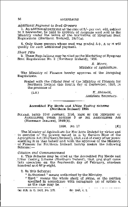 The Accredited Pig Herds and Litter Testing Scheme (Northern Ireland) 1958