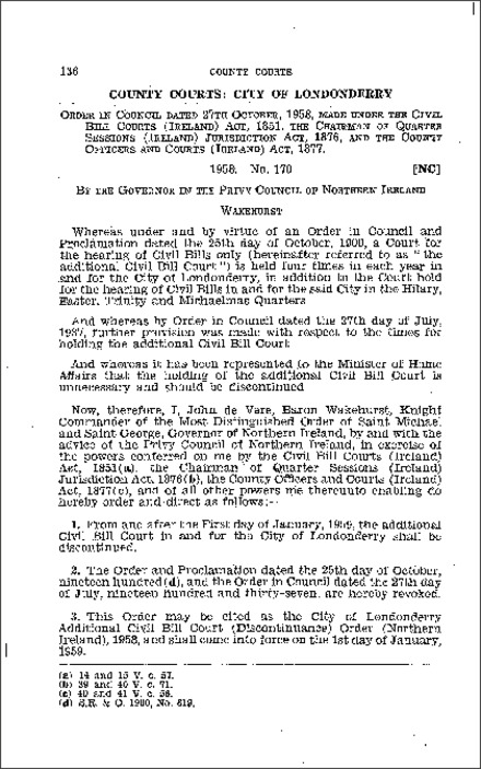 The City of Londonderry Additional Civil Bill Court (Discontinuance) Order (Northern Ireland) 1958