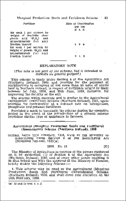 The Agricultural (Marginal Production Seeds and Fertilisers) (Amendment) Scheme (Northern Ireland) 1958