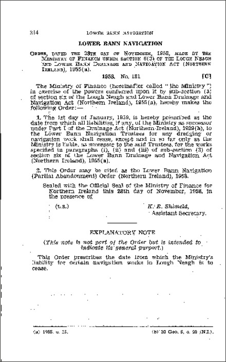 The Lower Bann Navigation (Partial Abandonment) Order (Northern Ireland) 1958