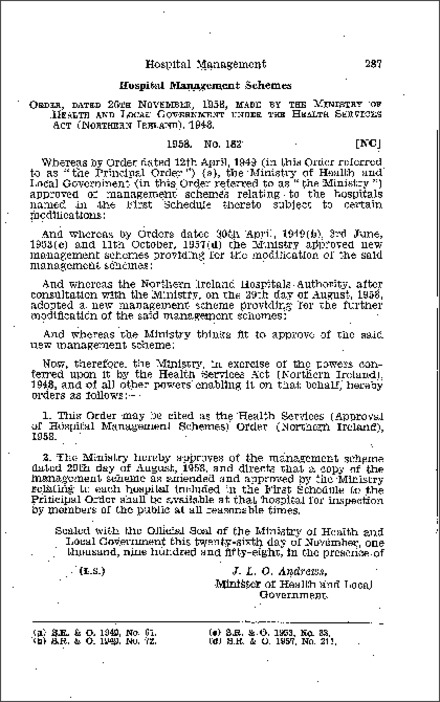 The Health Services (Approval of Hospital Management Schemes) Order (Northern Ireland) 1958