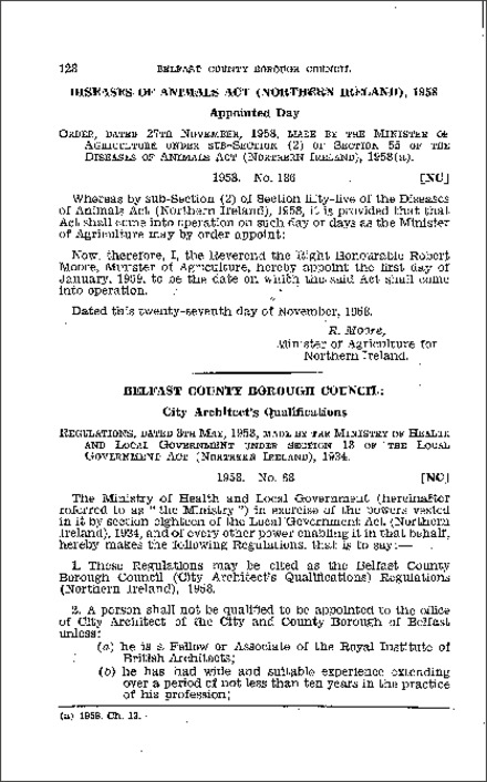 The Order appointing day on which Diseases of Animals Act (Northern Ireland) 1958, shall come into operation (Northern Ireland) 1958