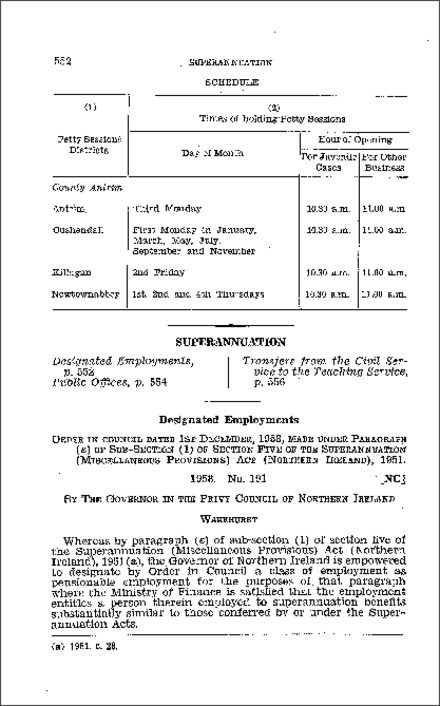 The Superannuation (Designated Employment) Order (Northern Ireland) 1958