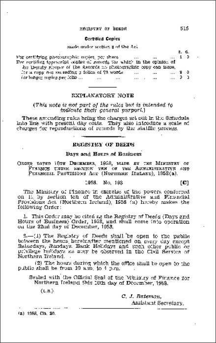 The Registry of Deeds (Days and Hours of Business) Order (Northern Ireland) 1958