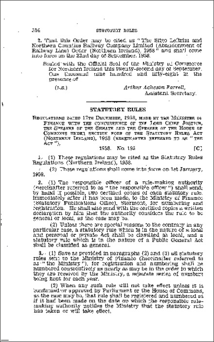 The Statutory Rules Regulations (Northern Ireland) 1958