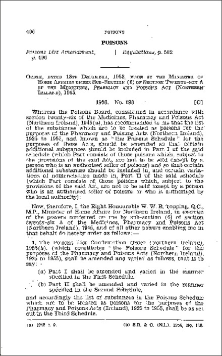 The Poison List (Amendment) Order (Northern Ireland) 1958