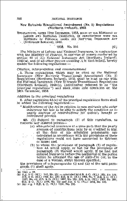 The National Insurance (New Entrants Transitional) Amendment (No. 3) Regulations (Northern Ireland) 1958
