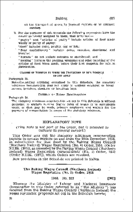 The Baking Wages Council (Northern Ireland) Wages Regulations (No. 2) Order (Northern Ireland) 1958