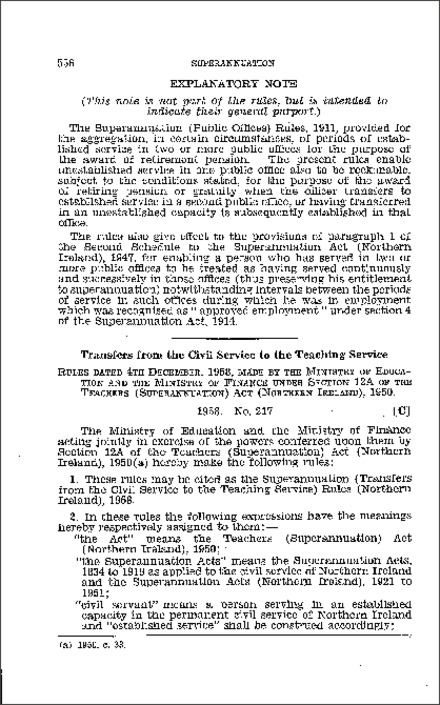The Superannuation (Transfers from the Civil Service to the Teaching Service) Rules (Northern Ireland) 1958