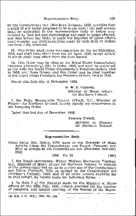 The Order Amendment 1951 rules of Royal Ulster Constabulary Representative Body (Northern Ireland) 1958