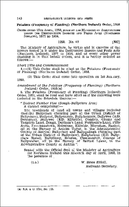 The Potatoes (Frequency of Planting) Order (Northern Ireland) 1958