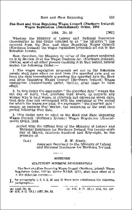 The Boot and Shoe Repairing Wages Council (Northern Ireland) Wages Regulations (Amendment) Order (Northern Ireland) 1958