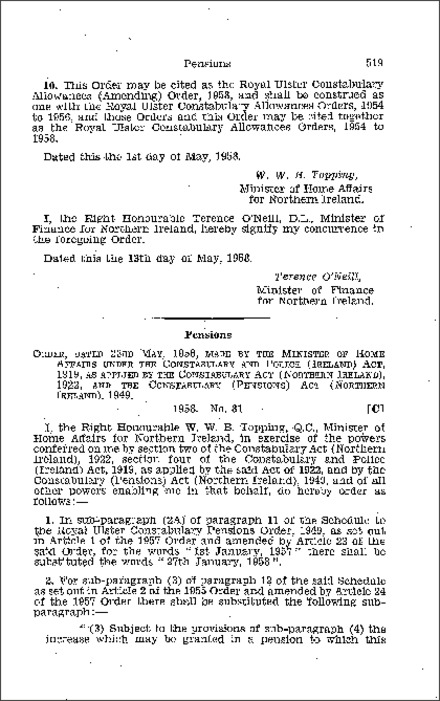The Royal Ulster Constabulary Pensions (Amendment) Order (Northern Ireland) 1958