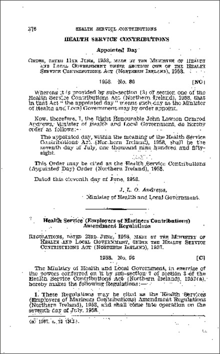 The Health Service Contributions (Appointed Day) Order (Northern Ireland) 1958