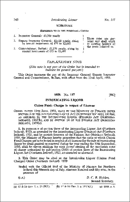 The Intoxicating Liquor (Claims Fund Charges) Order (Northern Ireland) 1959