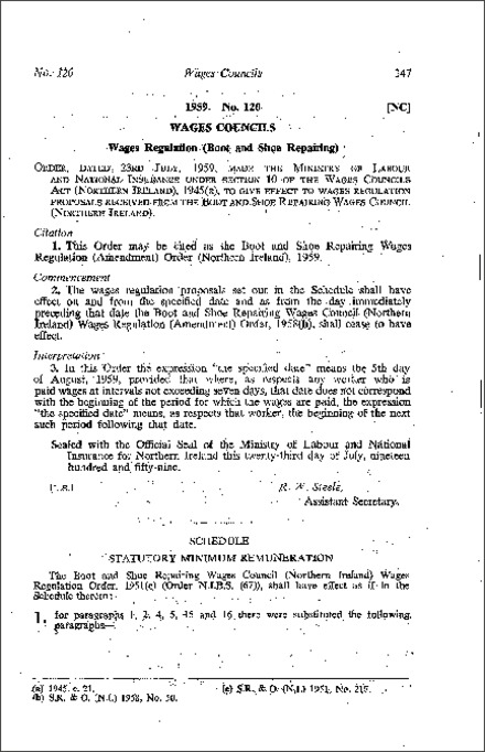 The Boot and Shoe Repairing Wages Regulations (Amendment) Order (Northern Ireland) 1959
