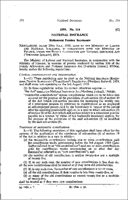 The National Insurance (Retirement Pension Increments) (Transitional) Regulations (Northern Ireland) 1959