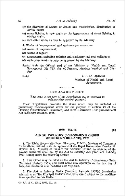 The Aid to Industry (Amendment) Order (Northern Ireland) 1959