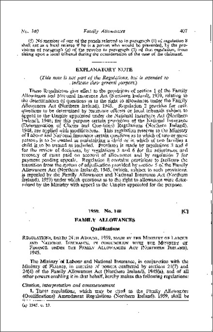 The Family Allowances (Qualifications) Amendment Regulations (Northern Ireland) 1959