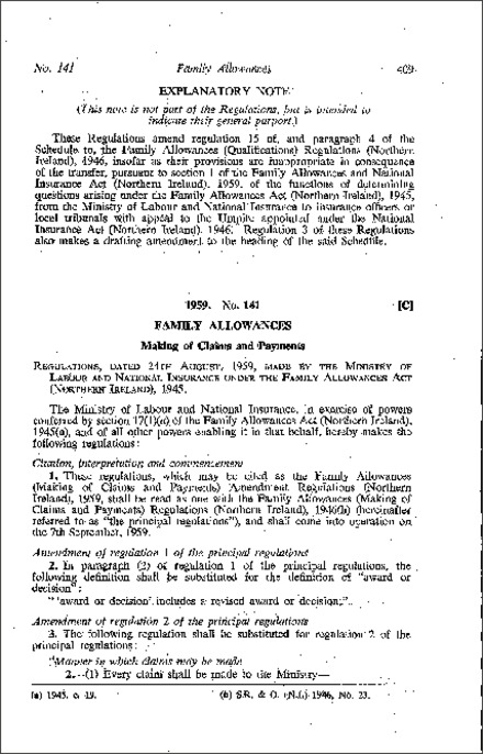 The Family Allowances (Making of Claims and Payments) Amendment Regulations (Northern Ireland) 1959
