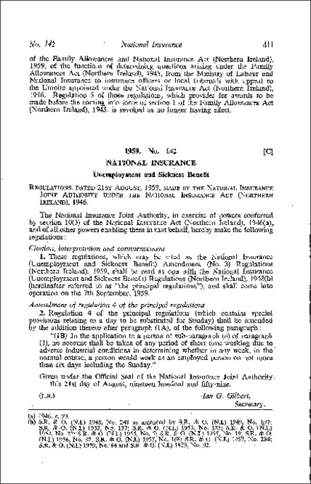 The National Insurance (Unemployment and Sickness Benefit) Amendment (No. 3) Regulations (Northern Ireland) 1959