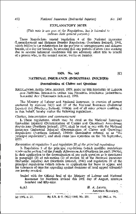 The National Insurance (Ind. Injuries) (Determination of Claims and Questions) Amendment Regulations (Northern Ireland) 1959