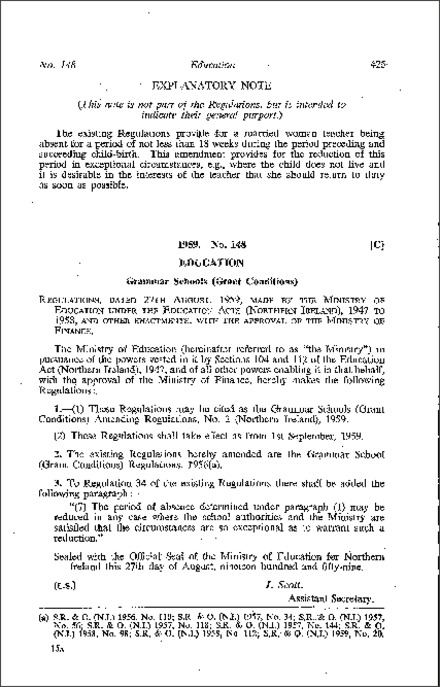 The Grammar Schools (Grant Conditions) Amendment Regulations No. 2 (Northern Ireland) 1959