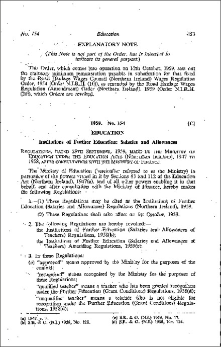 The Institutions of Further Education (Salaries and Allowances) Regulations (Northern Ireland) 1959