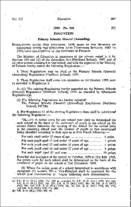 The Primary Schools (General) (Amendment) Regulations (Northern Ireland) 1959