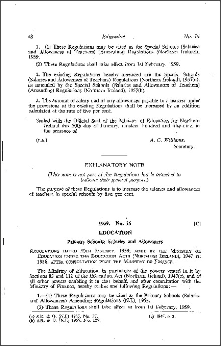 The Primary Schools (Salaries and Allowances) Amendment Regulations (Northern Ireland) 1959