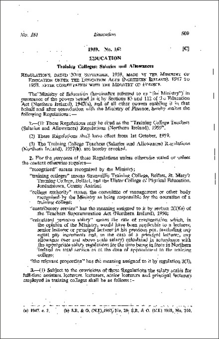 The Training College Teachers (Salaries and Allowances) Regulations (Northern Ireland) 1959