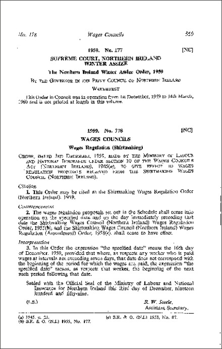 The Shirtmaking Wages Regulations Order (Northern Ireland) 1959