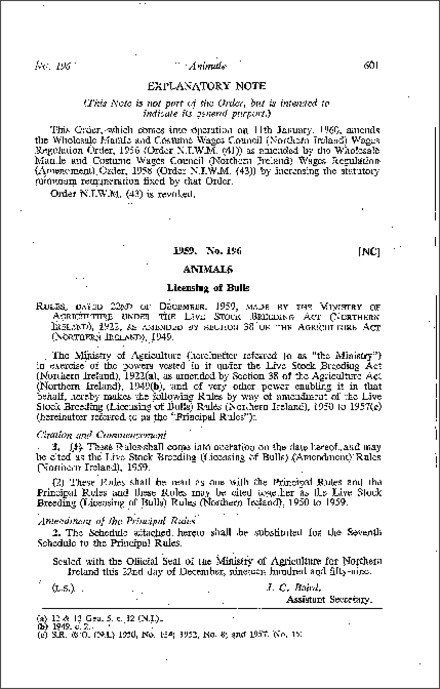 The Live Stock Breeding (Licensing of Bulls) (Amendment) Rules (Northern Ireland) 1959