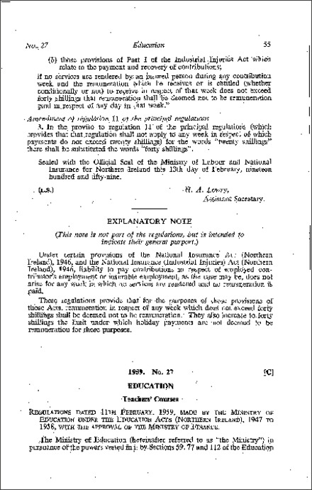 The Training of Teachers (Courses) Amendment Regulations (Northern Ireland) 1959