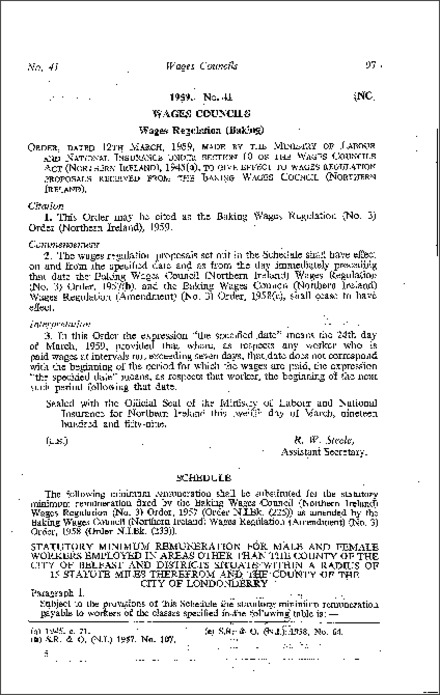 The Baking Wages Regulations (No. 3) Order (Northern Ireland) 1959