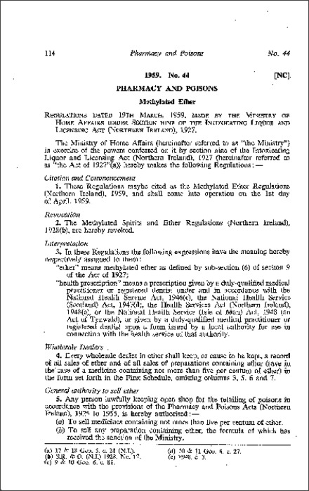 The Methylated Ether Regulations (Northern Ireland) 1959