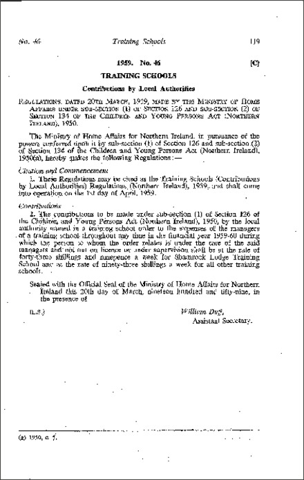 The Training Schools (Contributions by Local Authorities) Regulations (Northern Ireland) 1959